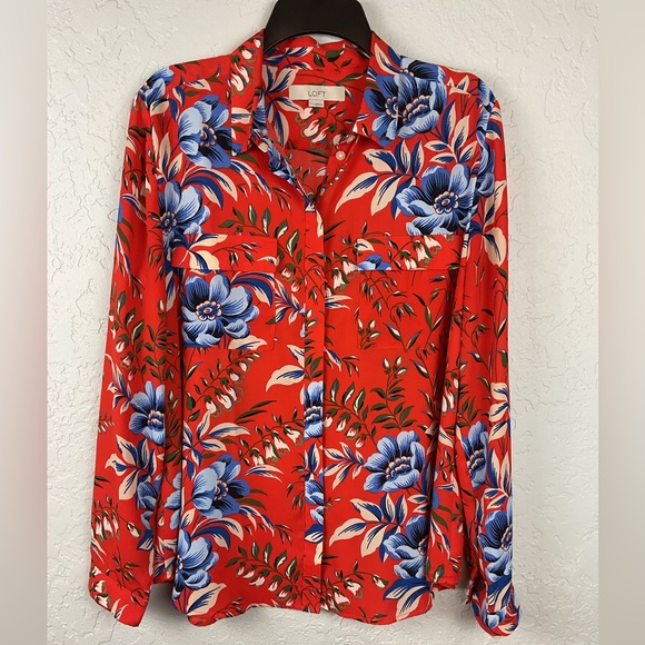 LOFT Tops - Loft Vibrant Orange & Blue Floral Button Down Lightweight Top Utility Sleeve Lg